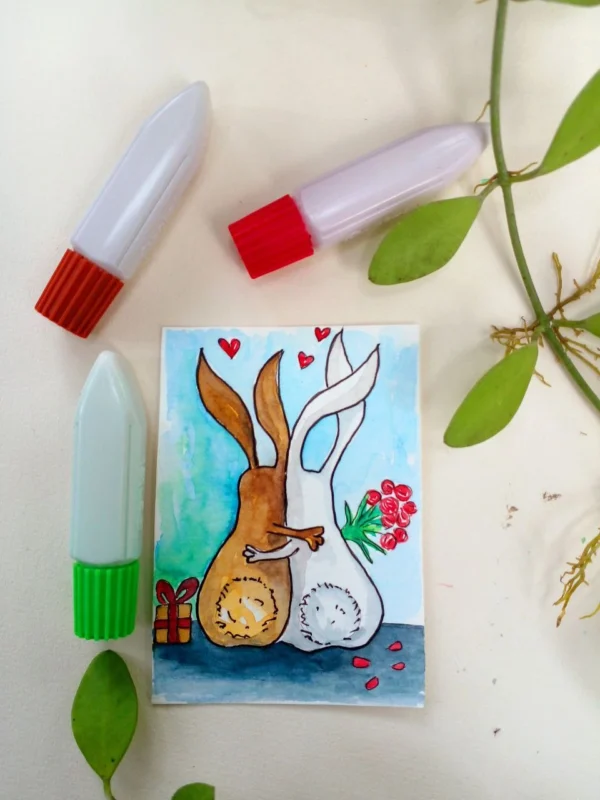 ACEO original painting watercolor animal bunny rabbit love valentine art