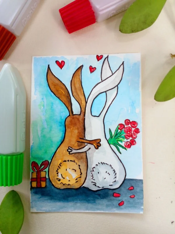 ACEO original painting watercolor animal bunny rabbit love valentine art