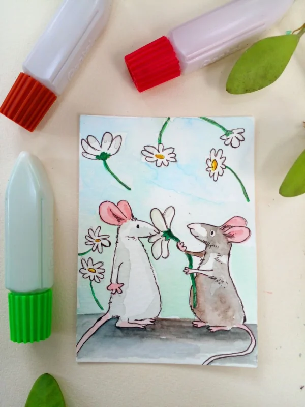 ACEO Original Painting Watercolor Rat Animal Mouse Love Valentine flowers Forest