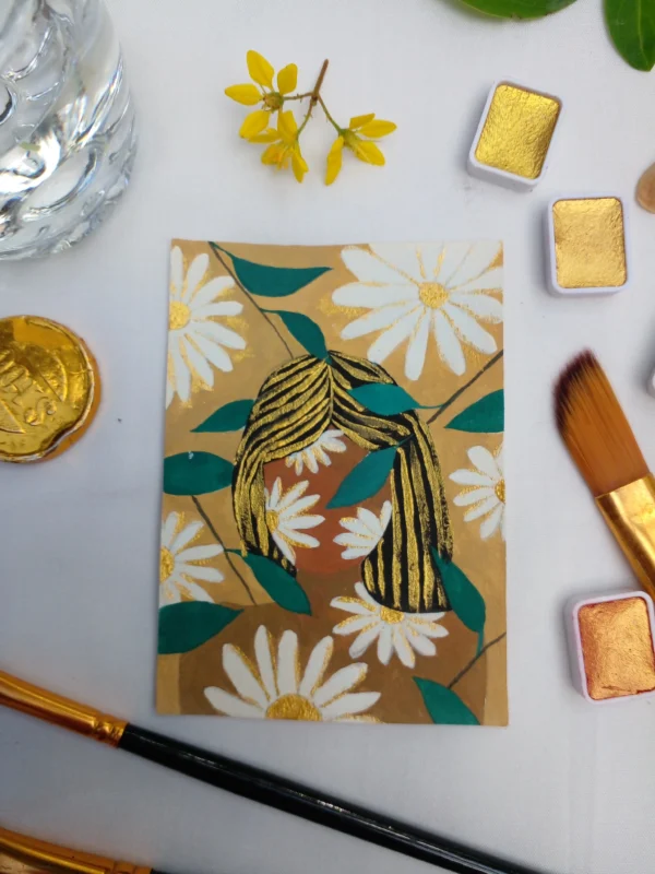ACEO Original Watercolor Painting Gold Abstract Girl Chamomile Art Hand Painted