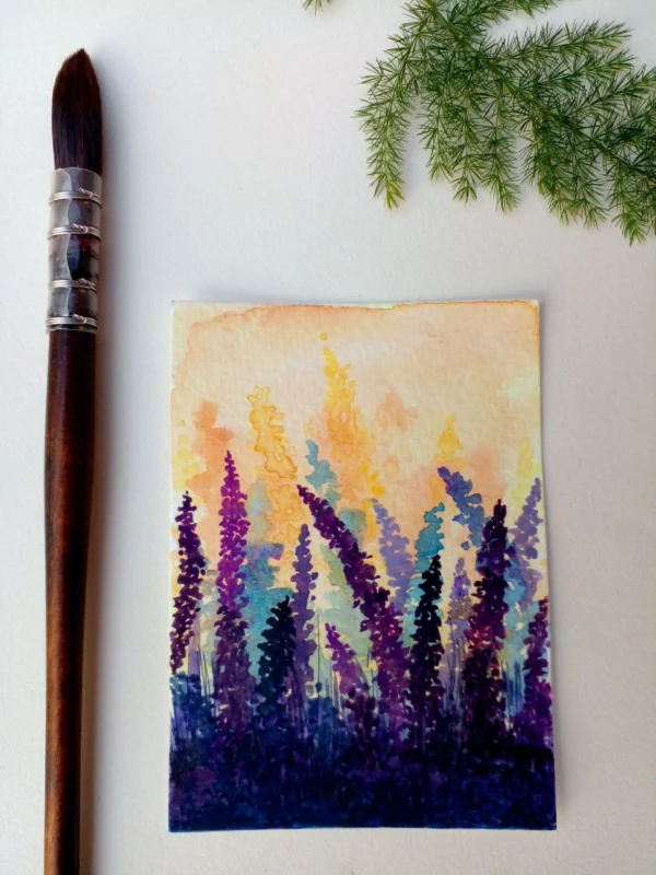 ACEO original painting watercolor lavender field purple flowers landscape