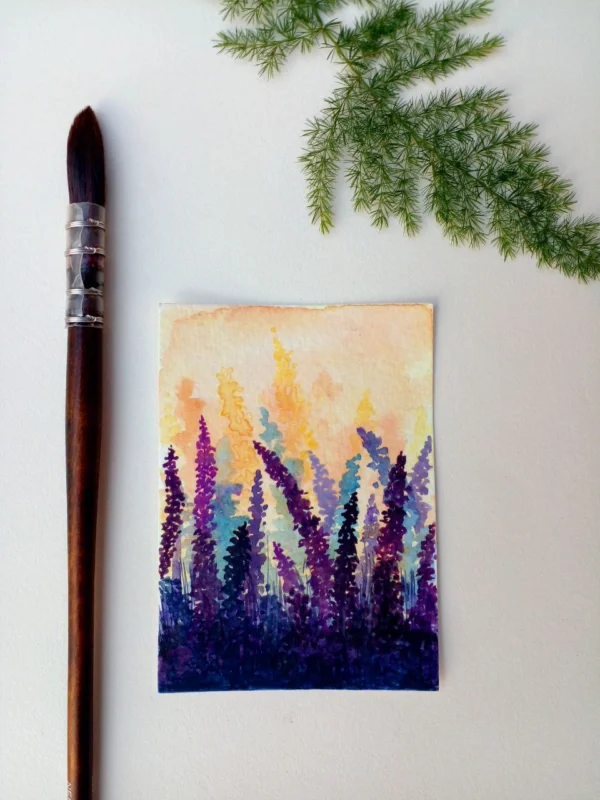 ACEO original painting watercolor lavender field purple flowers landscape