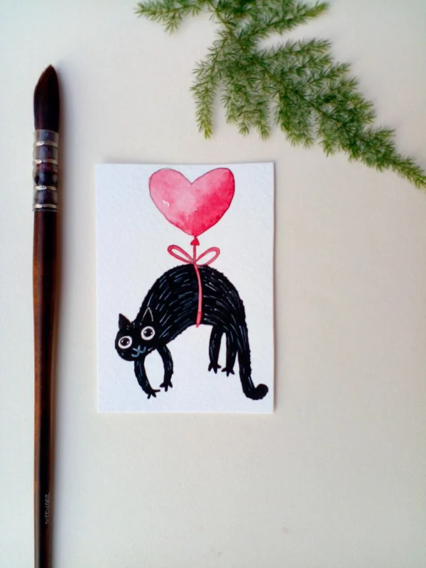 ACEO original painting watercolor valentine's day love BLACK cat