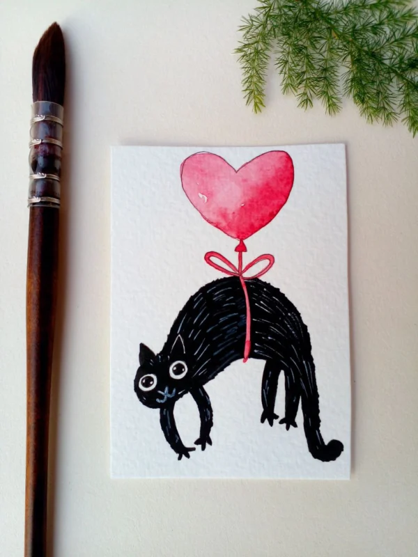 ACEO original painting watercolor valentine's day love BLACK cat