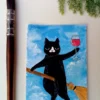 ACEO original painting watercolor valentine's day love BLACK cat wine glass
