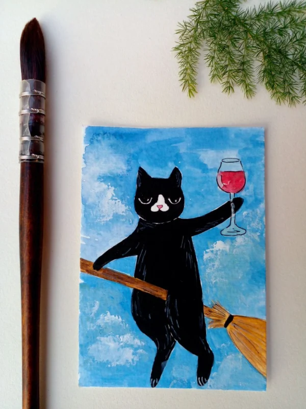ACEO original painting watercolor valentine's day love BLACK cat wine glass