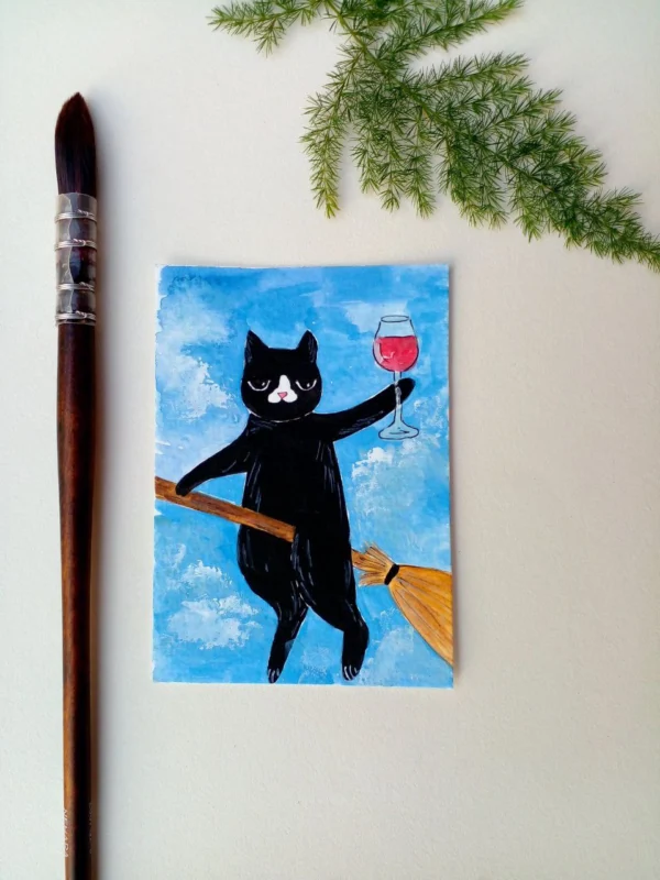 ACEO original painting watercolor valentine's day love BLACK cat wine glass