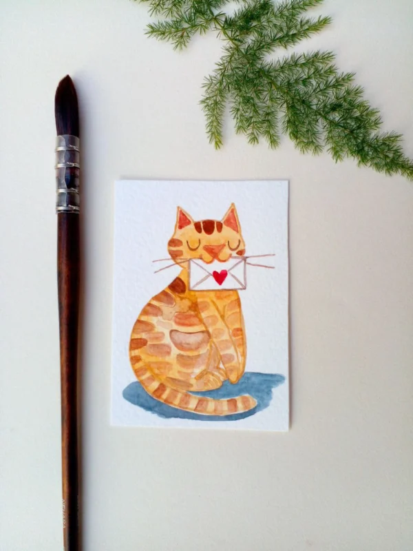 ACEO original painting watercolor valentine's day love brown cat love letter
