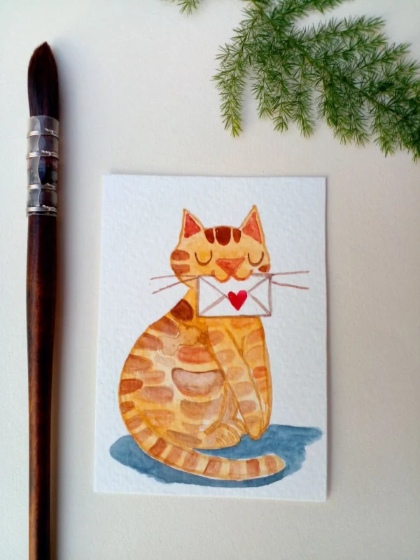ACEO original painting watercolor valentine's day love brown cat love letter