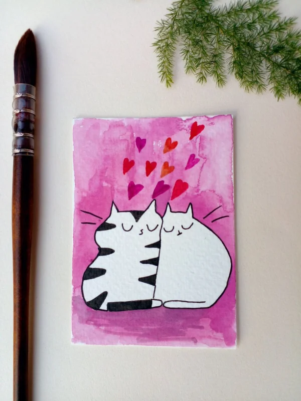 ACEO original painting watercolor valentine's day love cat couple pink