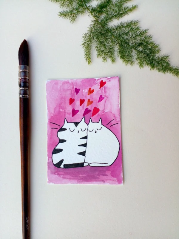 ACEO original painting watercolor valentine's day love cat couple pink